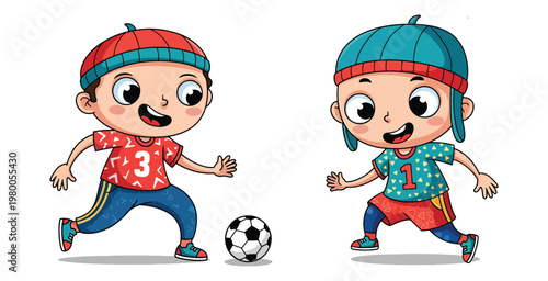 Two happy cartoon boys playing soccer together joyful children engaged in sports activity with ball and cheerful expressions friendly game outdoors vibrant illustration for kids sports themes
