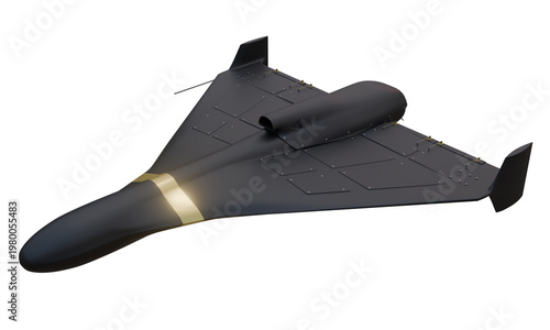 A 3D image of a stylized drone with a jet engine flies over a dry landscape. 