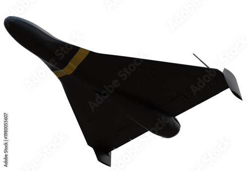 A 3D image of a stylized drone with a jet engine flies over a dry landscape. 