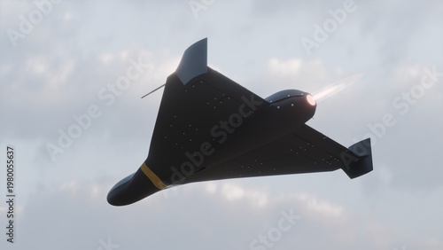 Fotografía A 3D image of a stylized drone with a jet engine flies over a dry landscape