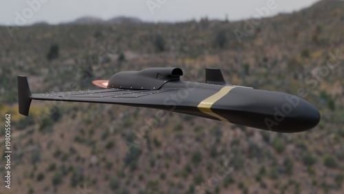 A 3D image of a stylized drone with a jet engine flies over a dry landscape. 