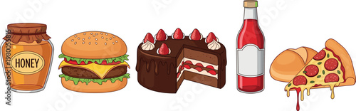 Set of delicious fast food illustrations including honey jar burger chocolate cake soda bottle and pizza slices