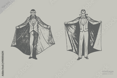 Vintage stern-faced vampire in a dark cloak Retro grunge dotted texture style vector illustration. Halloween vampire in engraving style