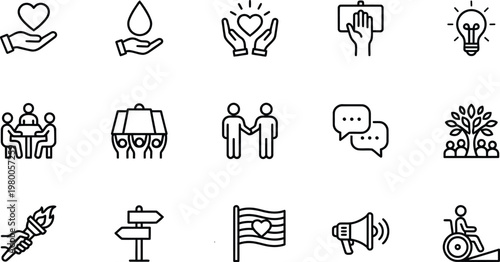 A collection of line icons representing various social and charitable concepts