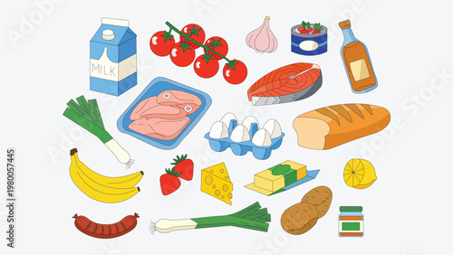 Colorful illustration of various grocery food items on light background
