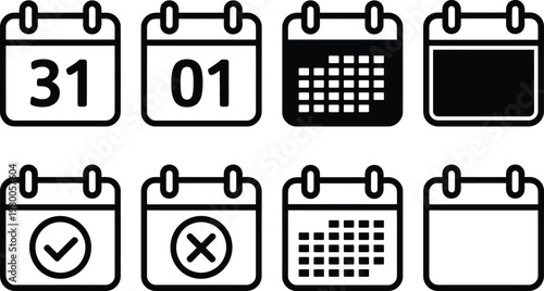 Eight calendar icons representing different date and scheduling statuses