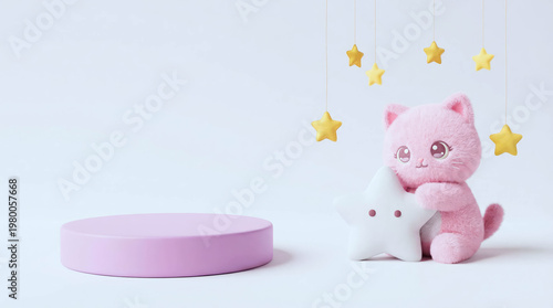 Soft pink cat hugs a star. Yellow stars hang above gently. Purple podium rests beside them. Adorable, cozy, dreamy atmosphere. Perfect for children's content or whimsical designs