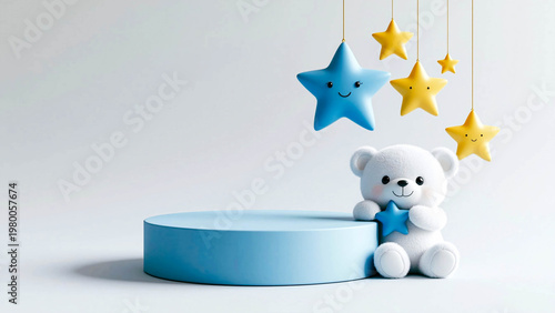 Soft teddy bear sits beside a blue podium. Floating stars hang above, glowing gently. Blue star smiles beside the bear. Yellow stars smile too, adding joy. Bright, clean background enhances the scene