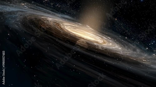 Massive black hole with glowing accretion disk and gravitational lensing effect in deep space surrounded by distant stars