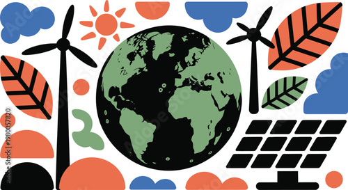 Earth with wind turbines and solar panels surrounded by colorful leaves and clouds on white background