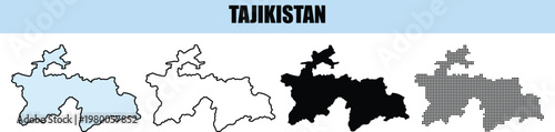 Four stylized map outlines of Tajikistan with different fill patterns and contrast against a white background