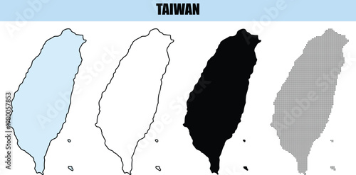 Four outline variations of Taiwan island map in different styles for graphic design