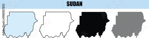 Four distinct outlines of the Sudan map in light blue white black and dotted patterns