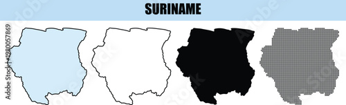 Suriname map outlines in various styles including solid wireframe and dotted patterns