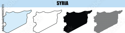 Syria map outlines in various styles including solid fill and pixelated pattern