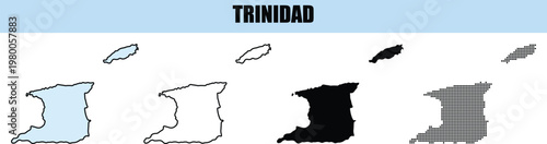 Trinidad island map outlines in various styles with light blue sky background