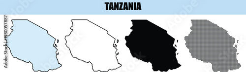 Tanzania country map outlines in various styles including solid filled silhouette and pixelated dot pattern