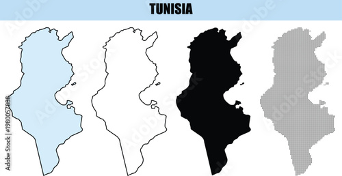 Tunisia map outlines in light blue white black and dot pattern on white background