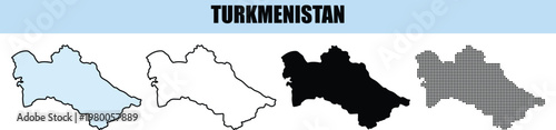Turkmenistan map variations in outline and filled styles with pixelated detail