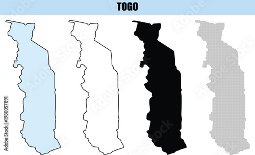 Togo maps in outline silhouette and dotted pattern on light blue and white background
