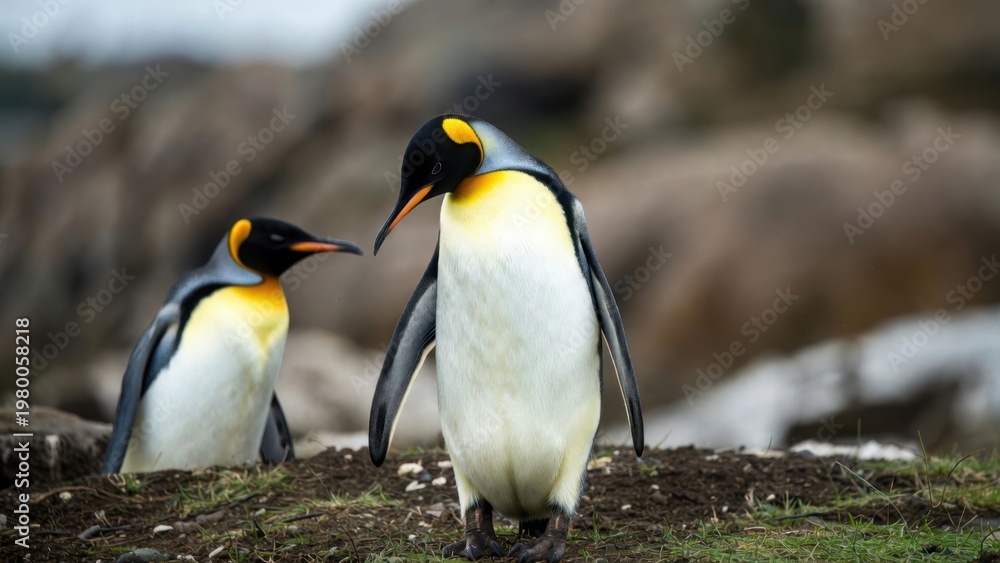 Fototapeta premium King penguin walking near nest on rocky coastal ground