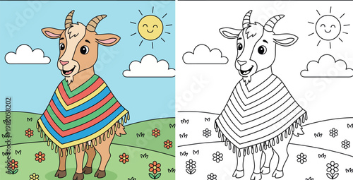 Cute Goat in Poncho Coloring Page