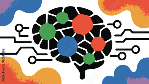 Colorful brain with circuit board connections and abstract shapes isolated on white background