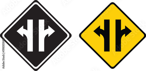 Two road signs indicating a divided highway ahead on a white background