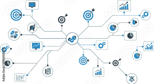 Business data network and analytics connection vector illustration with digital nodes charts targets and interconnected information system concept design