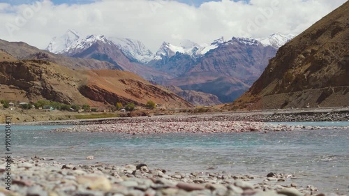 4k Scenic landscape featuring a mountain river under summer sunlight at Spiti Valley, Himachal Pradesh, India. Nature landscape. Crystal clear water of Spiti river flowing in mountain valley.