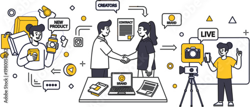 Business collaboration and product launch illustration with creators, handshake agreement, live streaming and marketing workflow, modern teamwork concept for digital branding design