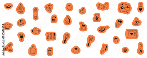Scrapbook hand drawn food and kitchen icons set on orange sticker borders representing cooking and meal preparation for culinary projects vector design.