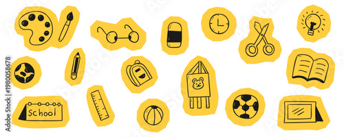 Scrapbook hand drawn school supplies and stationery icons set on yellow sticker borders for education and back to school theme vector design.