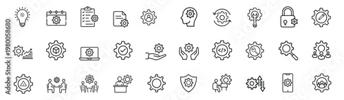 Setup and settings line icons set featuring technical repair gear configuration system maintenance security protection mobile management and more vector illustration with editable stroke