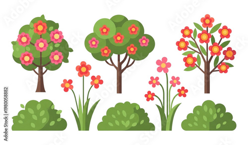 Tropical flowering shrubs vector illustration flat nature set