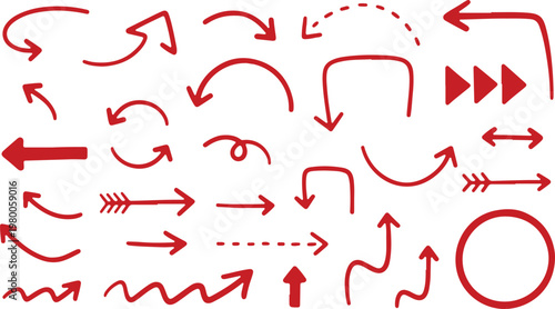 Collection of Red Hand Drawn Arrows and Circle on White Background vector