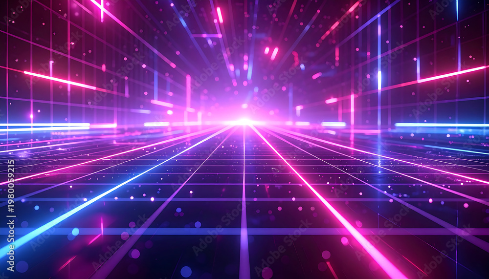 Obraz premium Futuristic glowing neon grid tunnel with vibrant pink and blue lights creating a sense of depth and motion towards a bright vanishing point