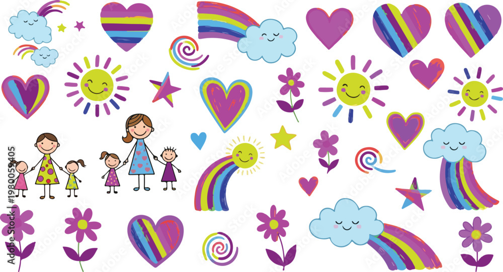 Fototapeta premium Childish drawing collection with colorful rainbows and smiling suns plus stick figure family and hearts for child art.