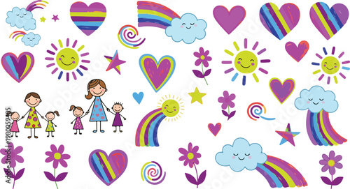Childish drawing collection with colorful rainbows and smiling suns plus stick figure family and hearts for child art.