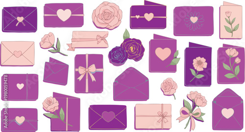 Cute doodle illustrations of envelopes and flowers in purple and pink tones for greetings and invitations.