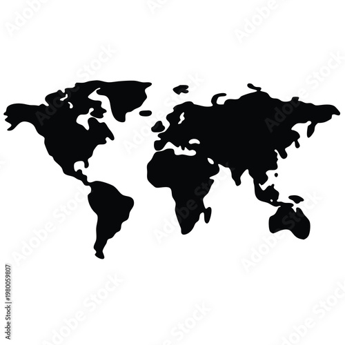 Black and white world map illustration showing continental outlines and geographic shapes