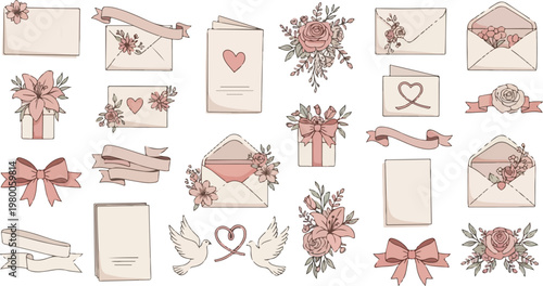 Elegant doodle illustrations of envelopes flowers and ribbons in pastel pink and beige for invitations.