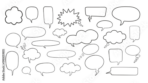 Collection of various comic book style speech bubbles and thought clouds