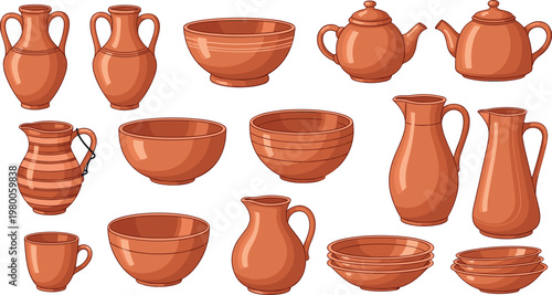 Set of traditional clay pottery including jugs bowls teapots cups and plates rustic ceramic kitchenware vector illustration