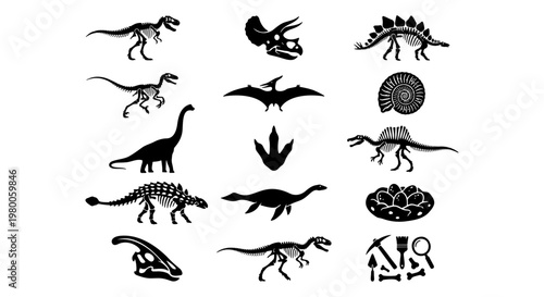 Dinosaur skeleton silhouette icons, prehistoric fossil bone collection, set of 15 paleontology vector elements for museum education and science