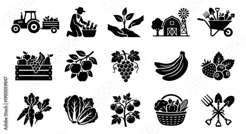 Agriculture and farming icon set, 15 black vector silhouettes of organic food and garden tools, flat farm harvest and gardening symbols