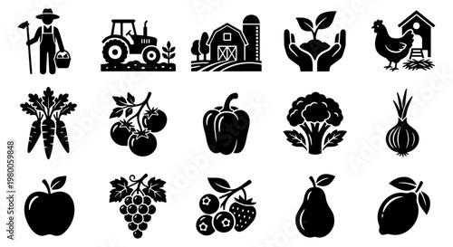 Agriculture and organic farming icons set, 15 black solid vector symbols of fresh vegetables, fruits, and farm life, gardening and harvest elements