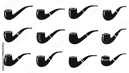 Grid of twelve black silhouette smoking pipe icons showing various classic bowl shapes and curved stem designs for tobacco.