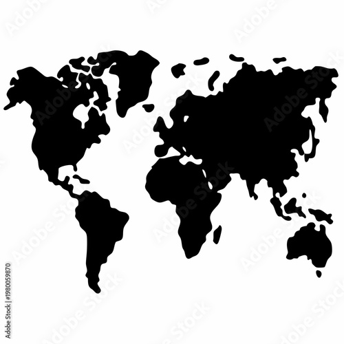 Monochrome world map silhouette representation emphasizing geopolitical landscape and global connections
