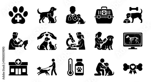Veterinary care icon set, 15 black solid pet clinic symbols, professional animal hospital and veterinary medicine vector graphics for web design